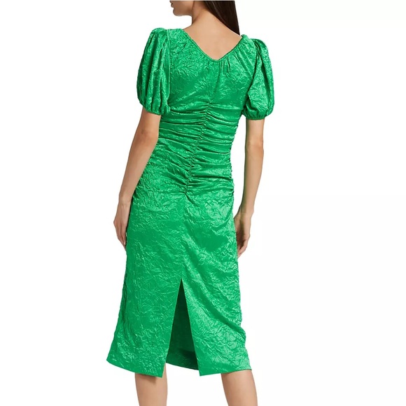 NWT Ganni Bright Green Crinkled Satin Gathered Midi-Dress - Sz 4